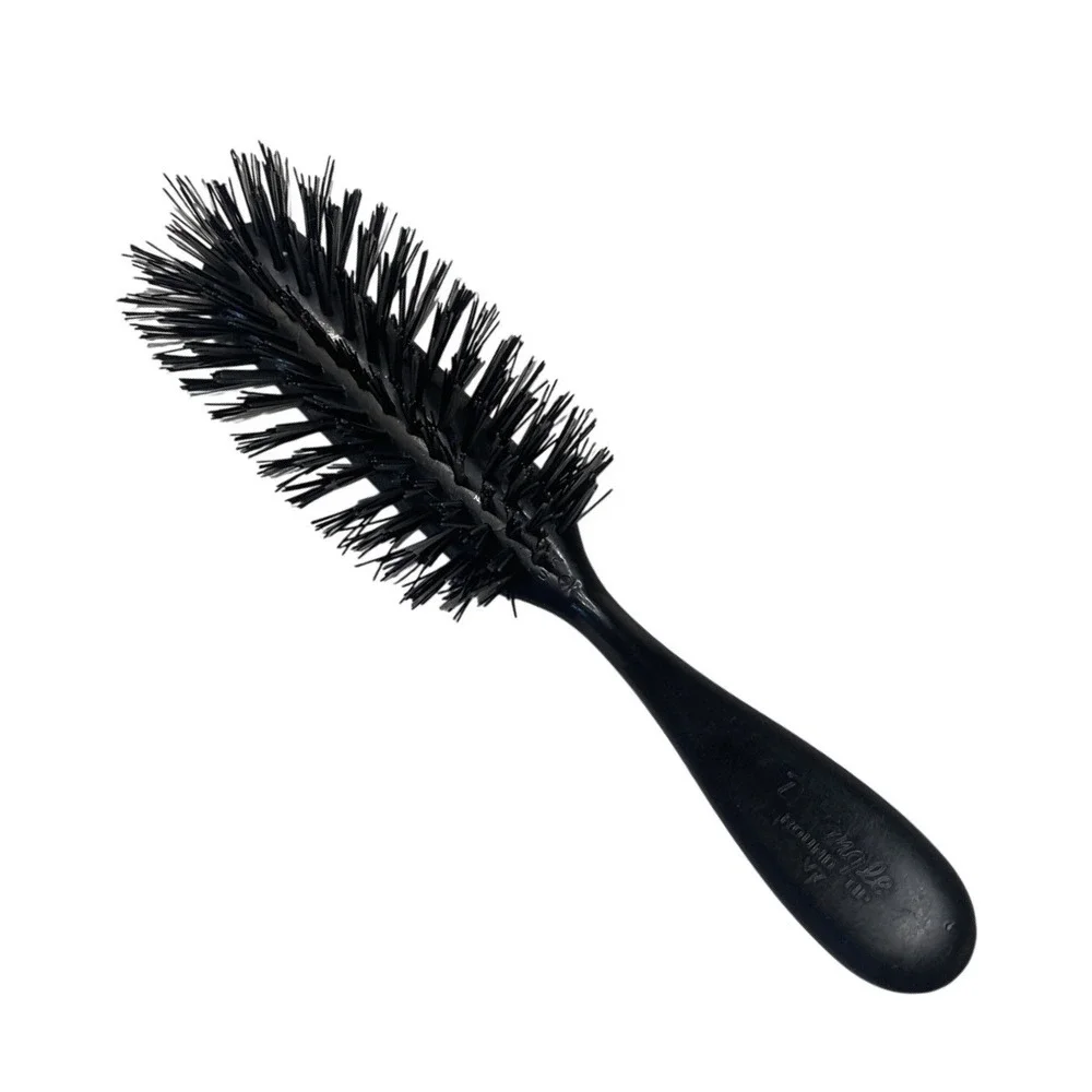 Vintage Hair Brush DeTangle v7 Black 7 Row‎ Plastic Bristle Round Brush USED